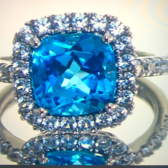 Blue topaz 4.66 carat diamond pave cocktail ring - gorgeous- size 7.25 -sterling - Picture 2 of 6